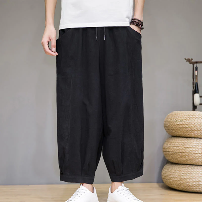 Buddha Stones Casual Plain Men's Cotton 7-8 Length Harem Pants With Pockets