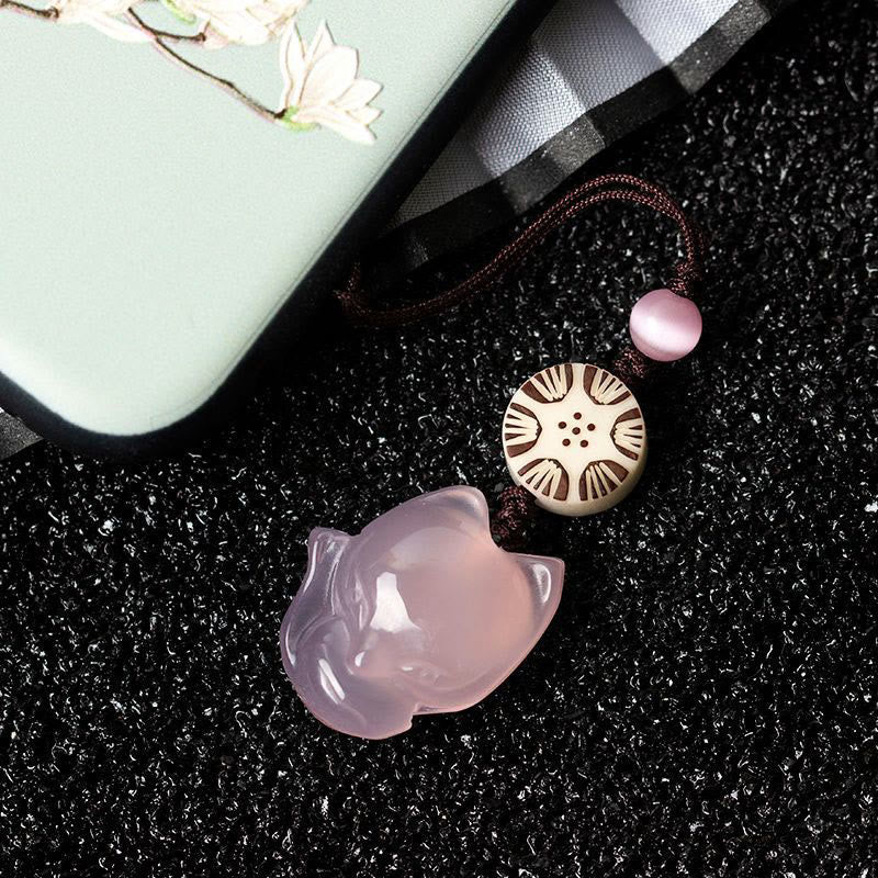 Buddha Stones Natural Chalcedony Fox Harmony Phone Hanging Decoration