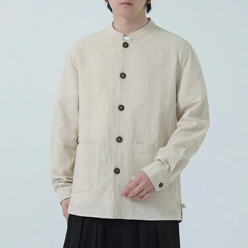 Buddha Stones Men's Button Ramie Linen Cotton Fleece Lined Jacket Shirt With Pockets