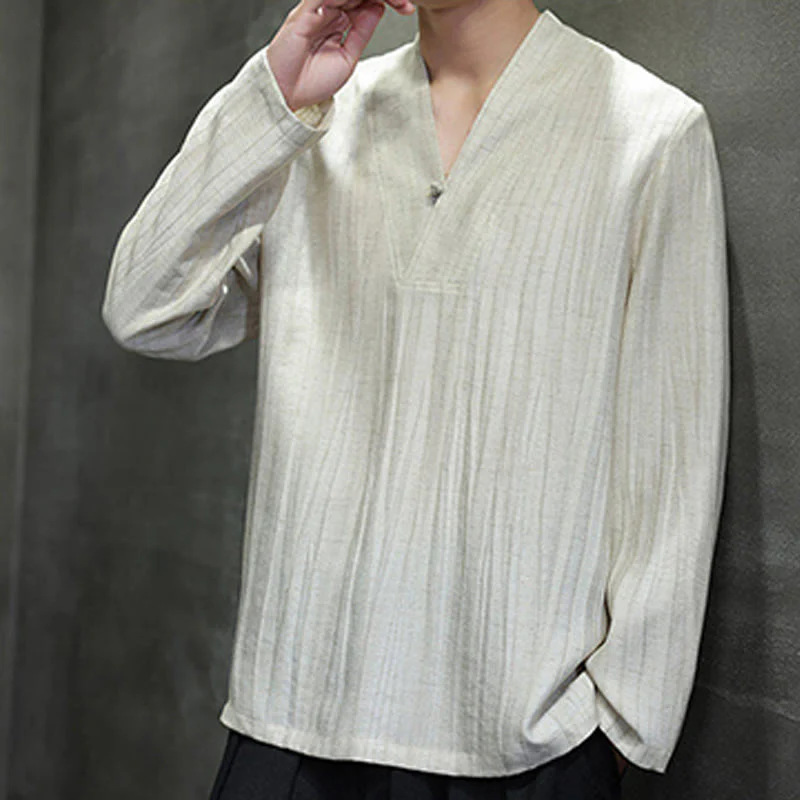 Buddha Stones Plain V-Neck Long Sleeve Men's Linen Shirt