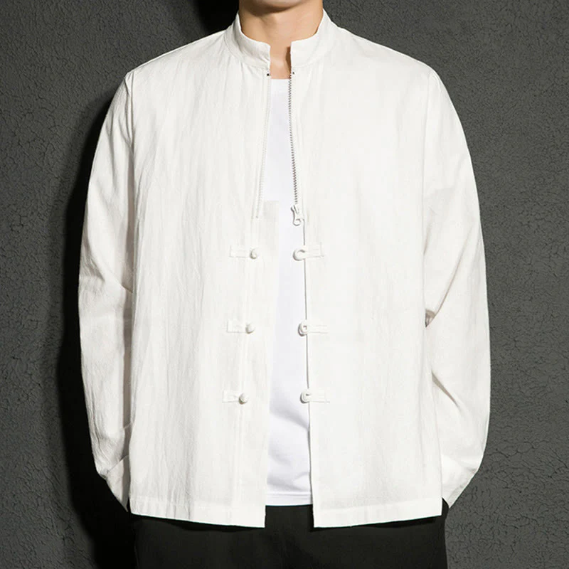 Buddha Stones Plain Zipper Chinese Frog-Button Cotton Long Sleeve Men's Shirt