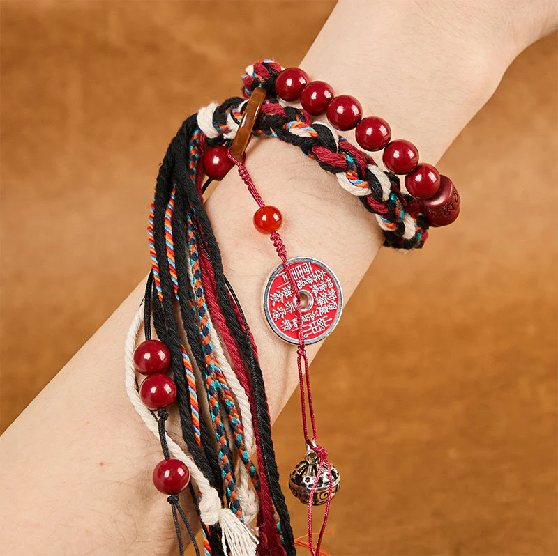 Buddha Stones Tibetan Mountain Ghosts Spend Money Cinnabar Double-Layer Red Rope Tassel Protection Bracelet