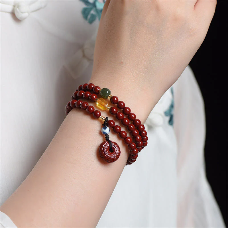 Buddha Stones Tibetan Cinnabar Peace Buckle Triple Wrap Blessing Bracelet Mala