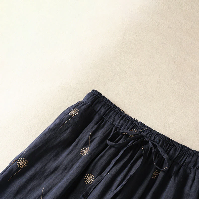 Buddha Stones MidnightBlue Commute Casual Dandelion Pattern Women's Wide Leg Cotton Linen Pants