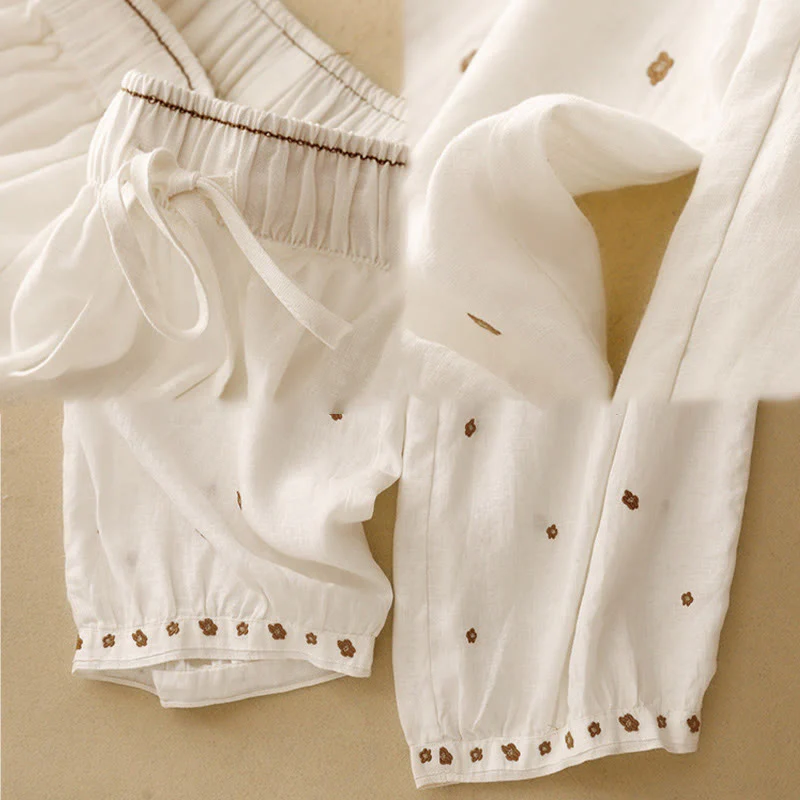 Buddha Stones Casual Embroidered Petals Women's Cotton Linen 7-8 Length Harem Pants With Pockets