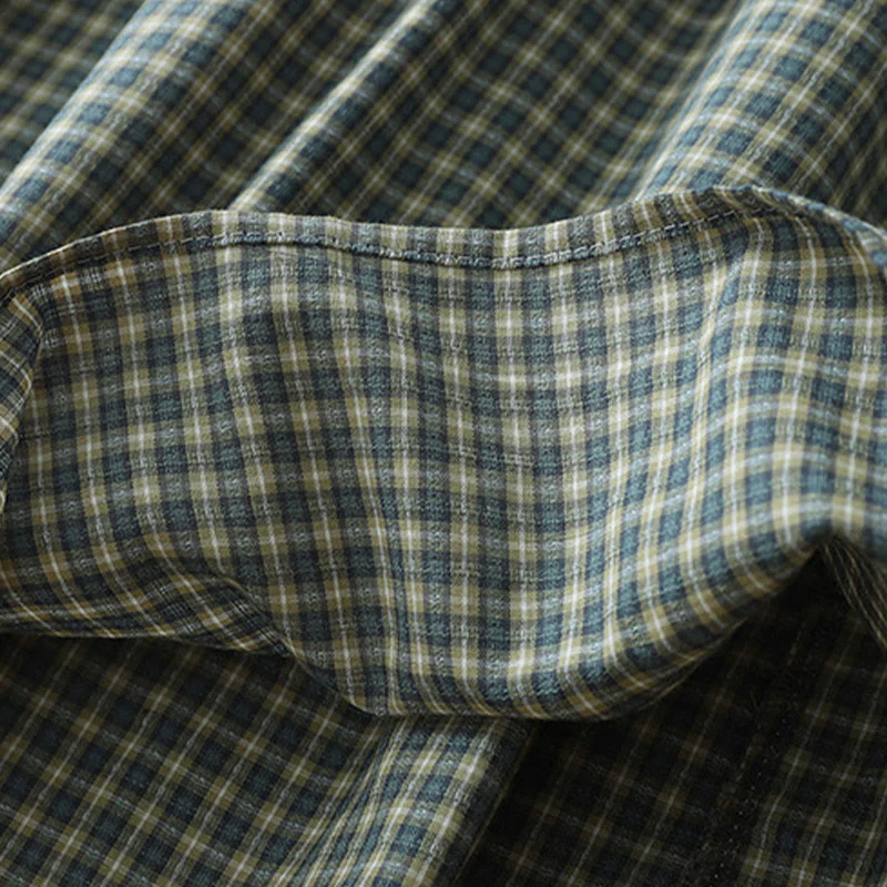 Buddha Stones Casual Plaid Buttons Lantern Long Sleeve Cotton Midi Dress