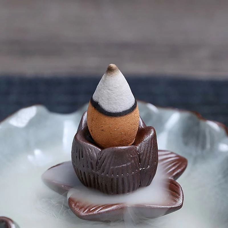 Buddha Stones Lotus Plum Blossom Square Ceramic Spiritual Backflow Incense Burner