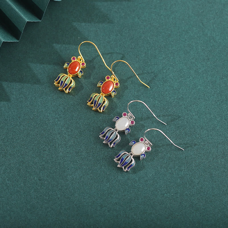 Buddha Stones 925 Sterling Silver Hetian White Jade Red Agate Cute Fish Happiness Drop Earrings