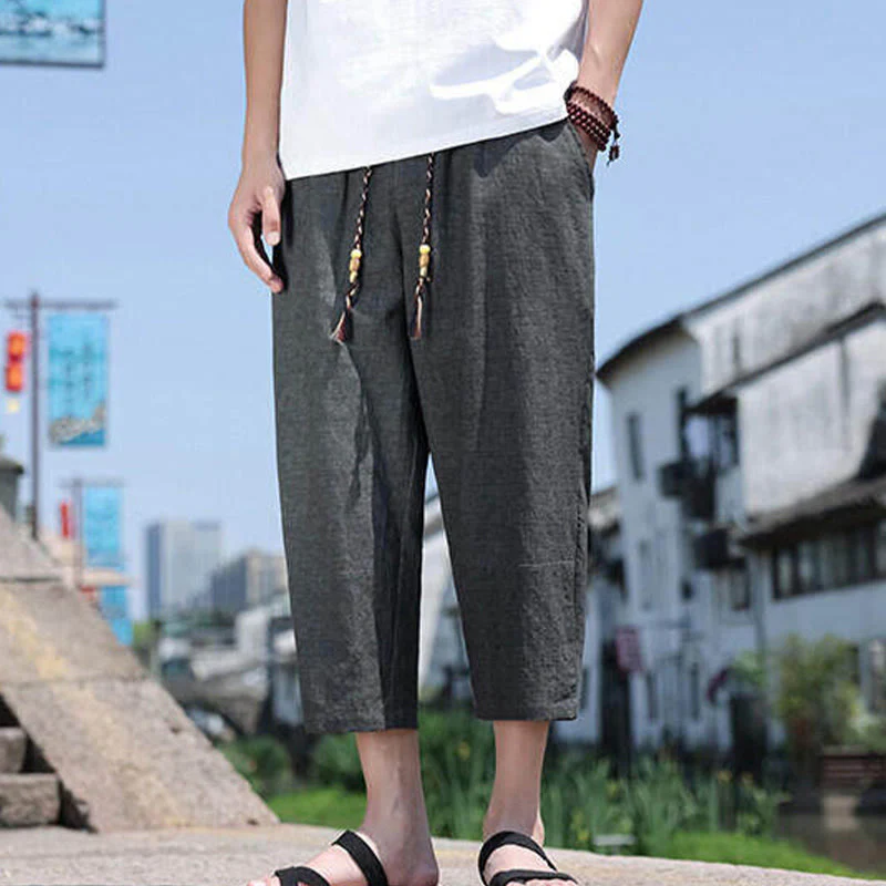 Buddha Stones Casual Woven Bead Waist Rope Men's 7-8 Length Spandex Pants With Pockets