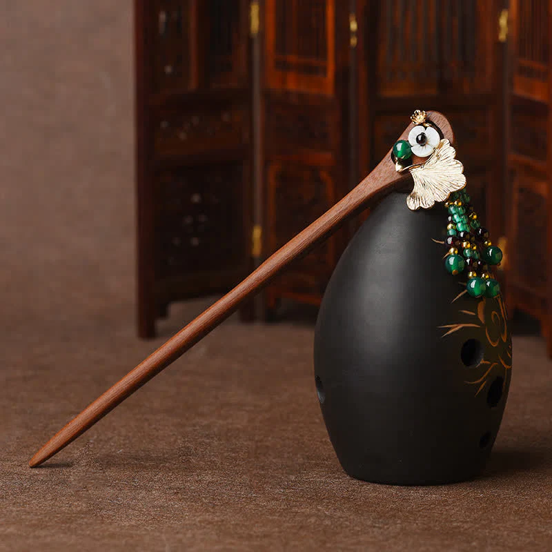 Buddha Stones Red Sandalwood Green Agate Ginkgo Leaf Protection Hairpin