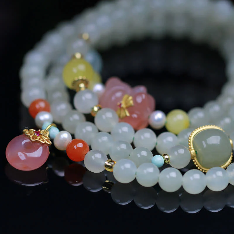 Buddha Stones Natural Hetian Jade Pink Crystal Peace Buckle Happiness Abundance Bracelet