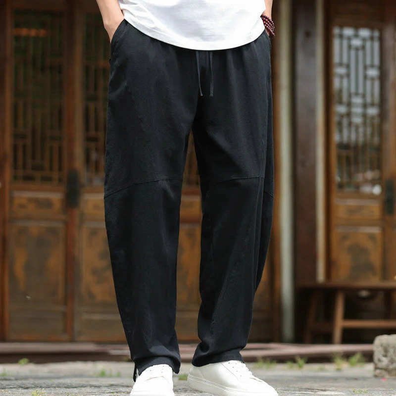 Buddha Stones Solid Drawstring Men's Elastic Waistband Cotton Linen Pants With Pockets