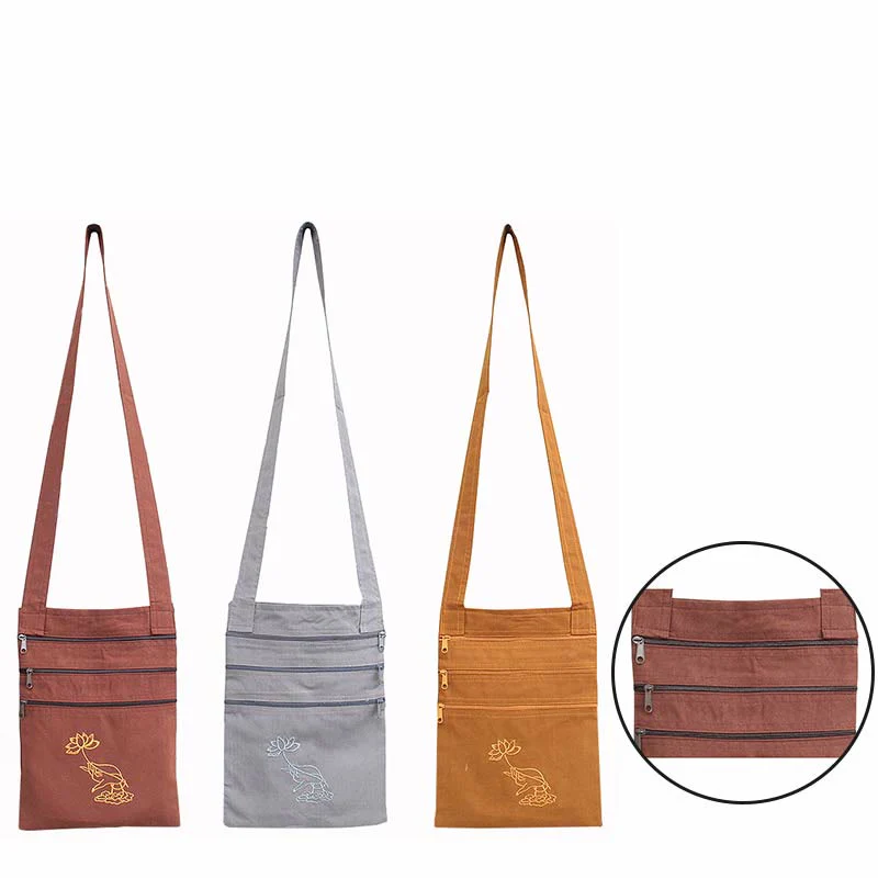 Buddha Stones Spiritual Mind Practice Lotus Embroidered Cotton Shoulder Bag Crossbody Bag