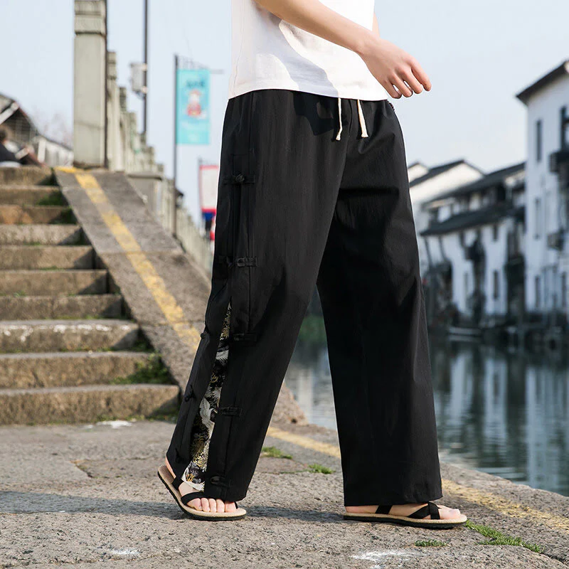 Buddha Stones Casual Patchwork Crane Pattern Frog-Button Design Men's Wide Leg Pants With Pockets