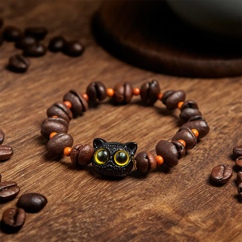 Buddha Stones Natural Cute Cat Coffee Beans Bracelet