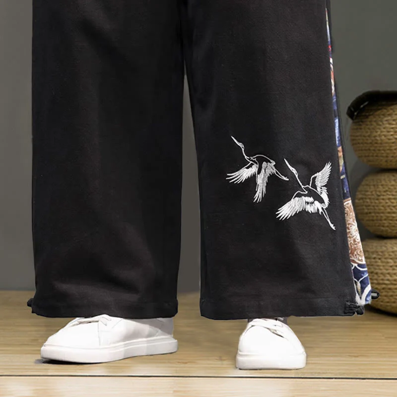 Buddha Stones Crane Embroidery Drawstring Men's Cotton Linen Wide Leg Pants With Pockets