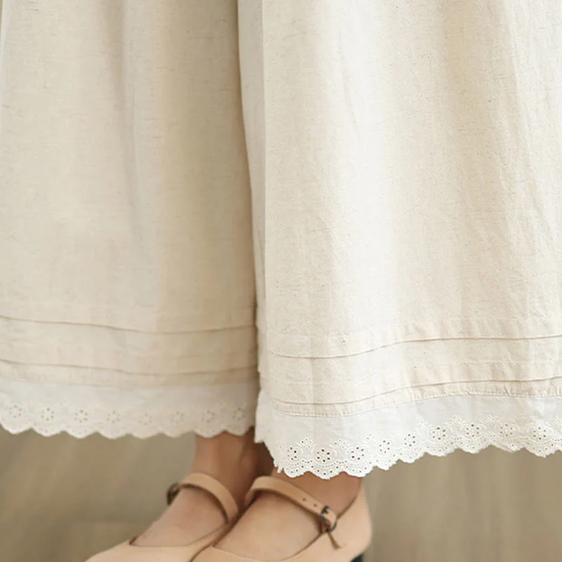 Buddha Stones Commute Simple Lace Design 7-8 Length Women's Wide Leg Cotton Linen Pants With Pockets