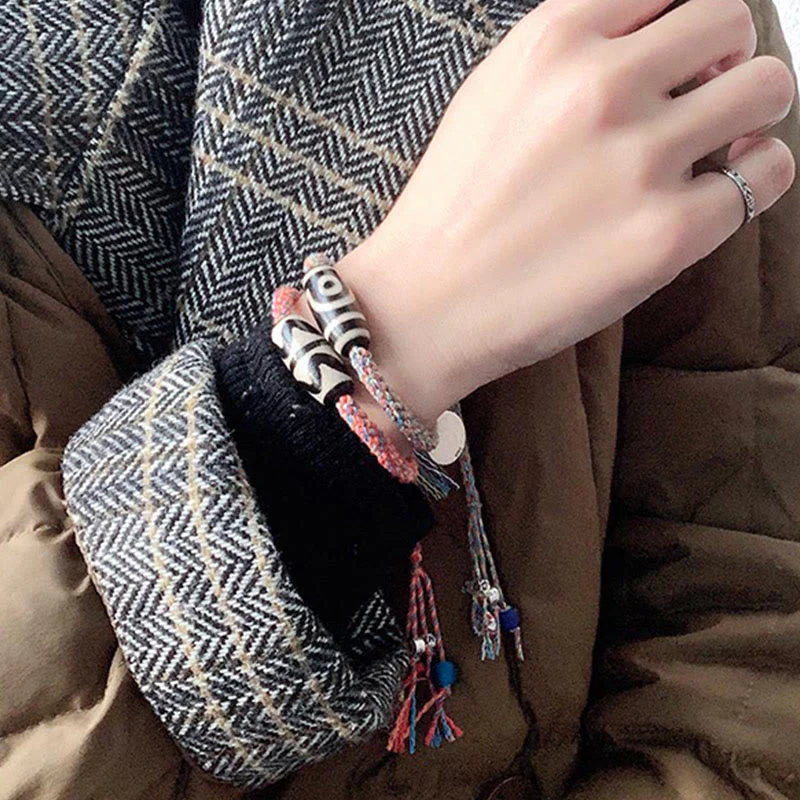 Buddha Stones Tibetan 925 Sterling Silver Om Mani Padme Hum Handmade Dzi Bead Protection Braid Bracelet