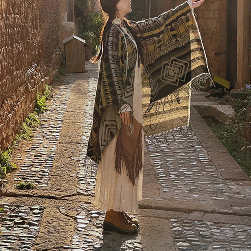 Buddha Stones Tibetan Shawl Striped Geometric Pattern Winter Cozy Travel Tassel Scarf Wrap