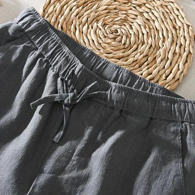 Buddha Stones Summer Casual Drawstring Ramie Linen Men's Pants With Pockets