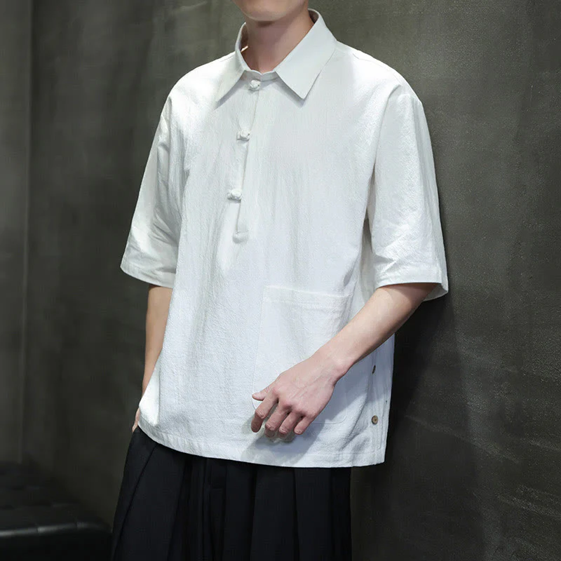 Buddha Stones Commute Plain Half Buttons Design Men's Cotton Linen Shirt With Pocket