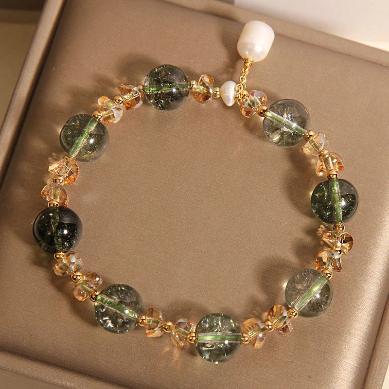 Buddha Stones Natural Green Phantom Pearl Gravel Crystal Stone Confidence Bracelet