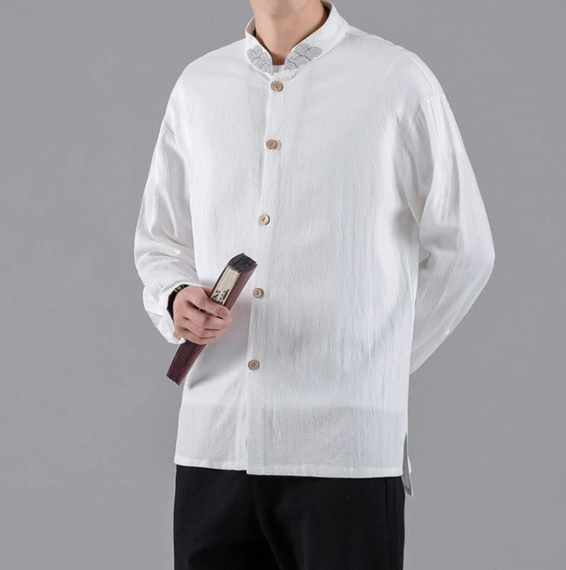 Buddha Stones Embroidered Auspicious Clouds Stand Collar Button Down Long Sleeve Men's Cotton Shirt