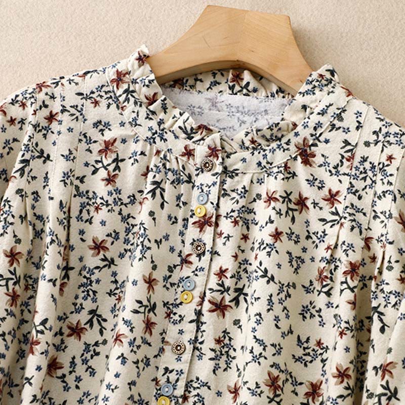 Buddha Stones Casual Florals Crew Neck Cotton Linen Women's Shirt