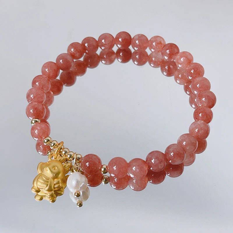 Buddha Stones Year of the Dragon Strawberry Quartz Dragon Pearl Charm Protection Bracelet