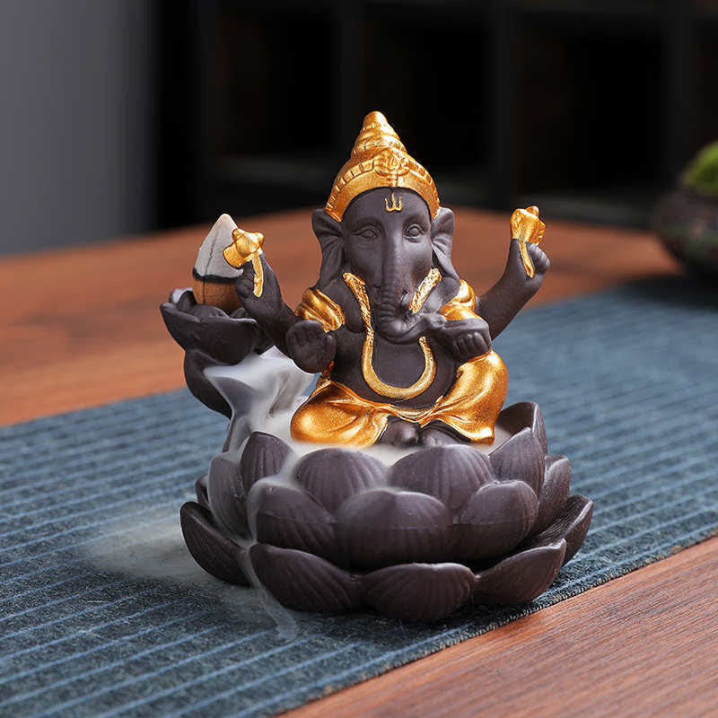 Buddha Stones Ganesh Elephant Purple Clay Backflow Smoke Fountain Protection Incense Burner
