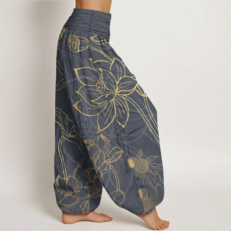 Buddha Stones Pure Cotton Lotus Leaf Koi Fish Women's Elastic Waist Harem Pants