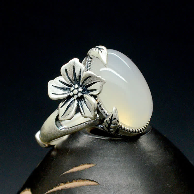 Buddha Stones 990 Sterling Silver Natural Chalcedony Plum Positive Harmony Ring