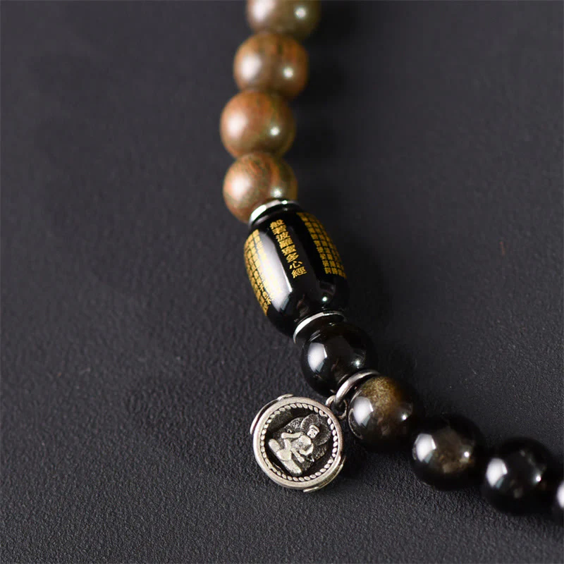 Buddha Stones Tibetan Green Sandalwood Gold Sheen Obsidian Balance Peace Double Wrap Bracelet