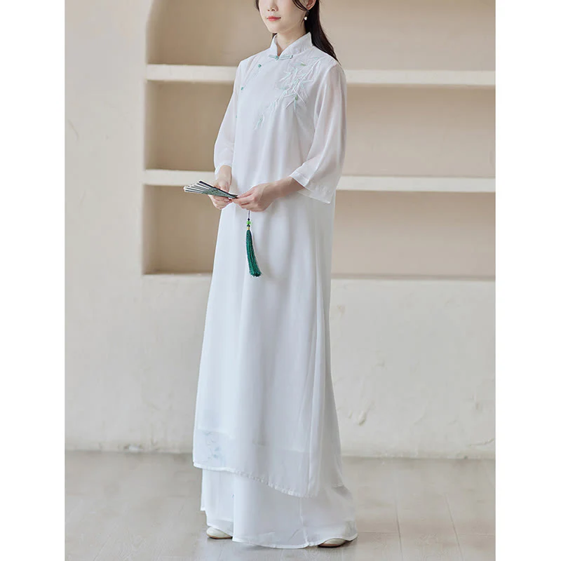Buddha Stones Bamboo Cheongsam Dress Midi Dress Wide Leg Pants Meditation Spiritual Zen Practice Clothing