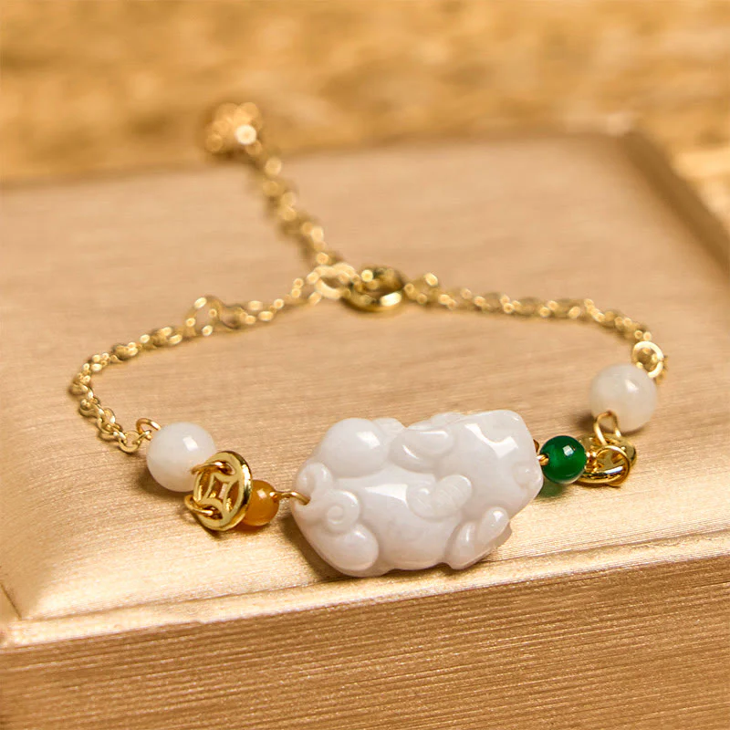 Buddha Stones Natural Jade PiXiu Carved Copper Coin Luck Chain Bracelet