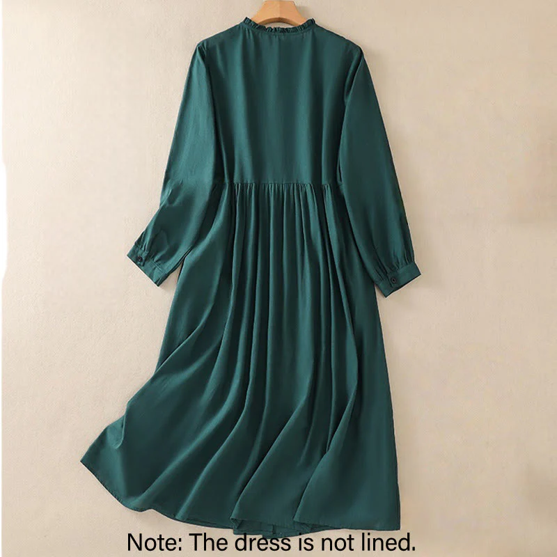 Buddha Stones DarkGreen Plain Ruffled Crew Neck Buttons Design Cotton Midi Dress With Pockets
