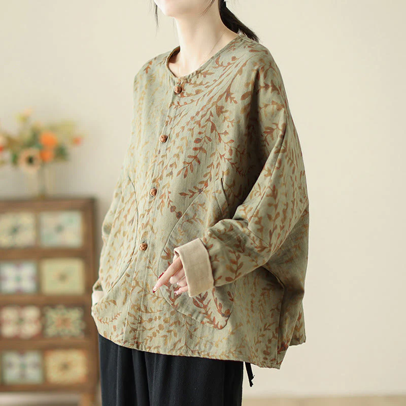 Buddha Stones Leaf Print Women's Cotton Linen Jacket With Pockets