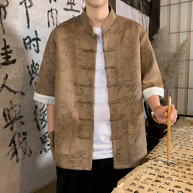 Buddha Stones Jacquard Bamboo Plum Bossom Pattern Chinese Frog-Button Design Men's Half Sleeve Cotton Shirt With Pockets