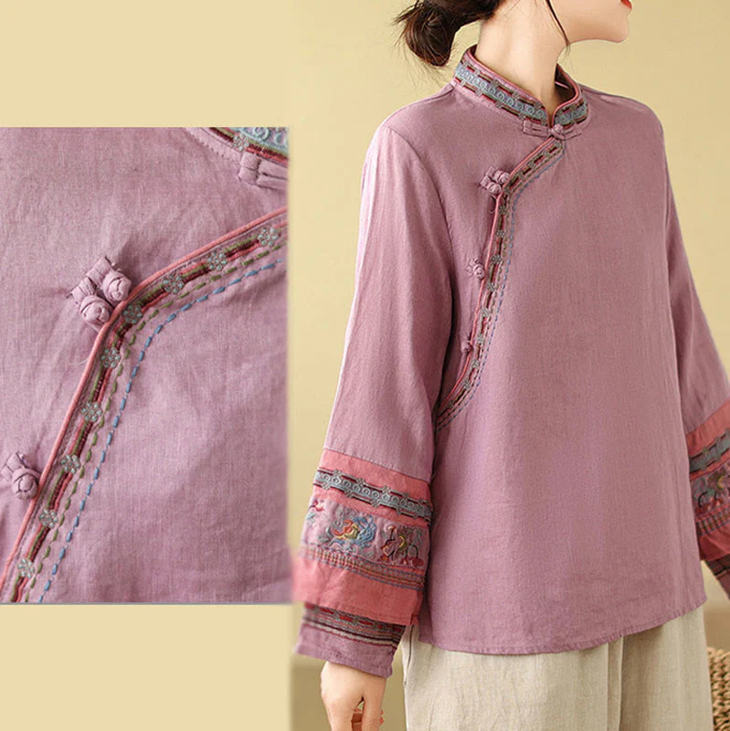Buddha Stones Embroidered Slanted Buttons Cotton Linen Women's Shirt