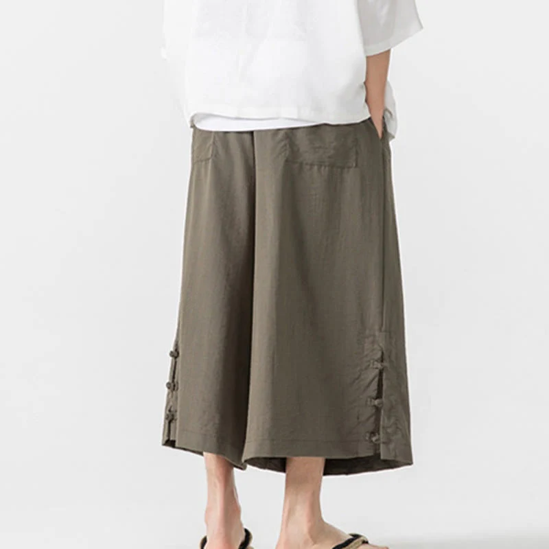 Buddha Stones Casual Loose Frog-Button Plain Men's Cotton 7-8 Length Wide Leg Pants With Pockets