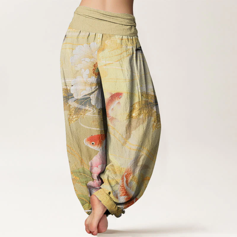 Buddha Stones Casual Peony Koi Fish Golden-Edged Leaves Pattern Women's Elastic Waist Harem Pants