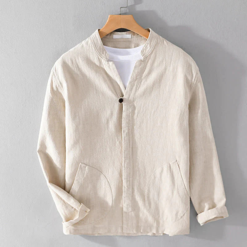 Buddha Stones Spring Daily Simple Buttons Design Stand Collar Men's Long Sleeve Cotton Linen Shirt With Pockets
