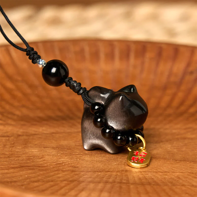 Buddha Stones Silver Sheen Obsidian Black Obsidian Gold Sheen Obsidian Cute Cat Fu Character Protection Key Chain Phone Hanging Decoration