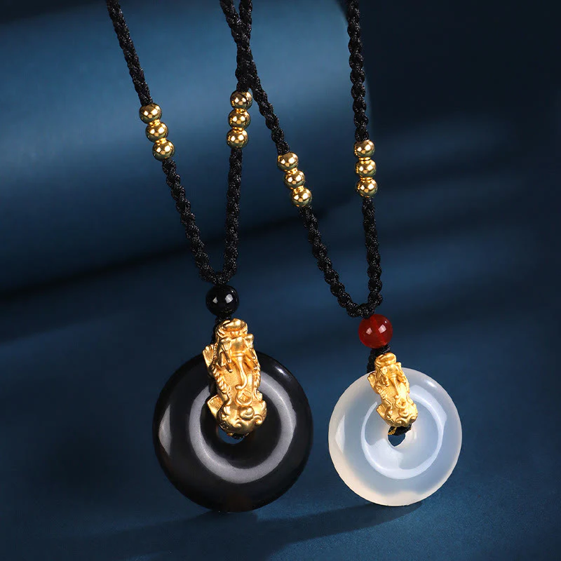 Buddha Stones Black Onyx White Agate Peace Buckle 999 Sterling Silver Gold PiXiu Fortune Necklace Pendant