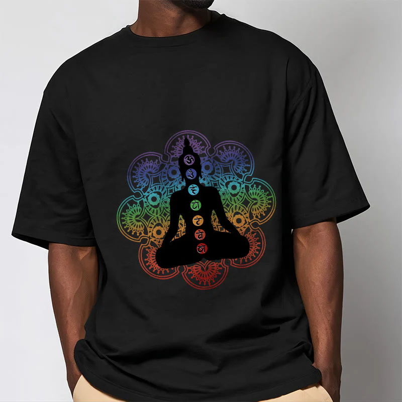 Buddha Stones Casual Meditating Figure Colorful Mandala Pattern Cotton Tee T-shirt