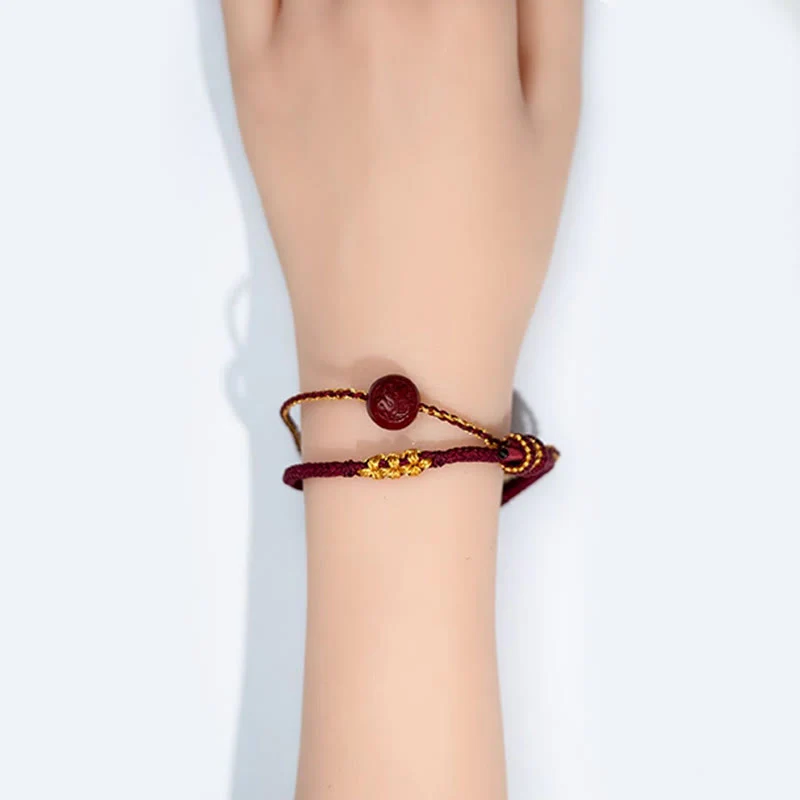 Buddha Stones Peach Blossom Knot Cinnabar Beads Eight-strand Braid Blessing Bracelet