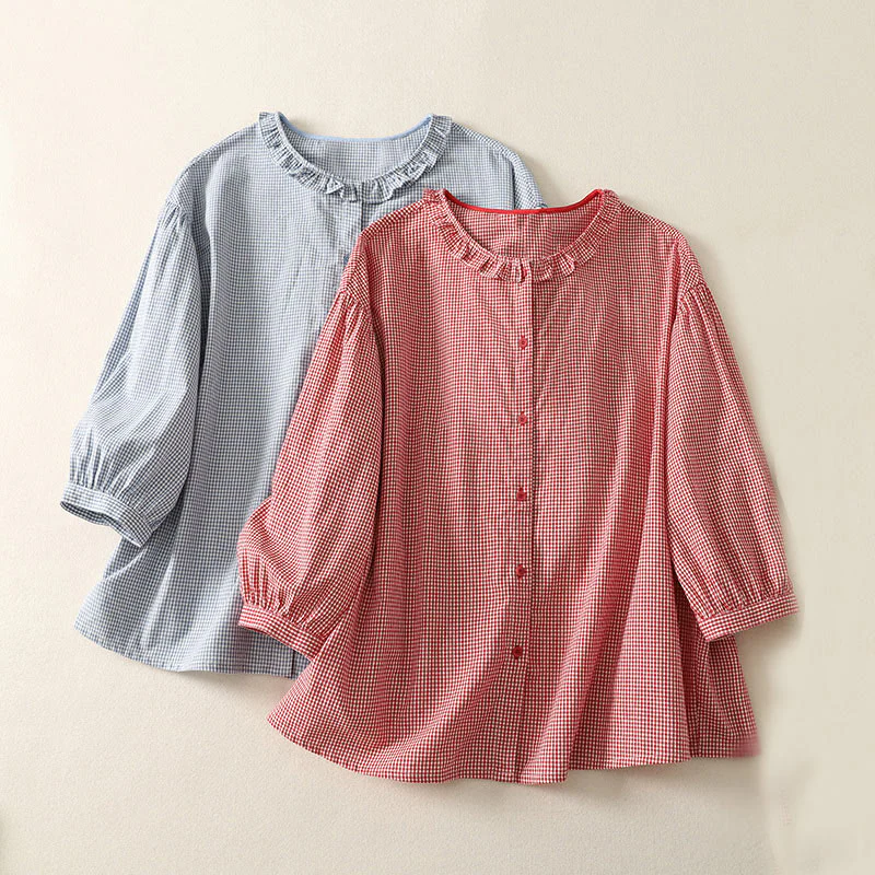 Buddha Stones Spring Plaid Ruffled Crew Neck Design Three Quarter Sleeve Cotton Women's Shirt