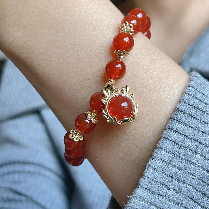 Buddha Stones Year of the Dragon Red Agate Jade Peace Buckle Fu Character Success Bracelet (Extra 30% Off | USE CODE: FS30)