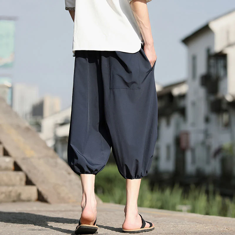 Buddha Stones Solid Drawstring Men's Capri Cropped Harem Pants With Pockets