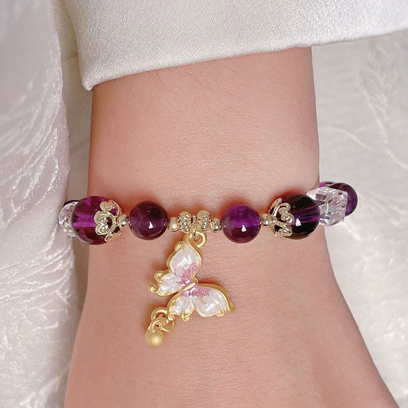 Buddha Stones Natural Amethyst Sun Stone Butterfly Peace Bracelet